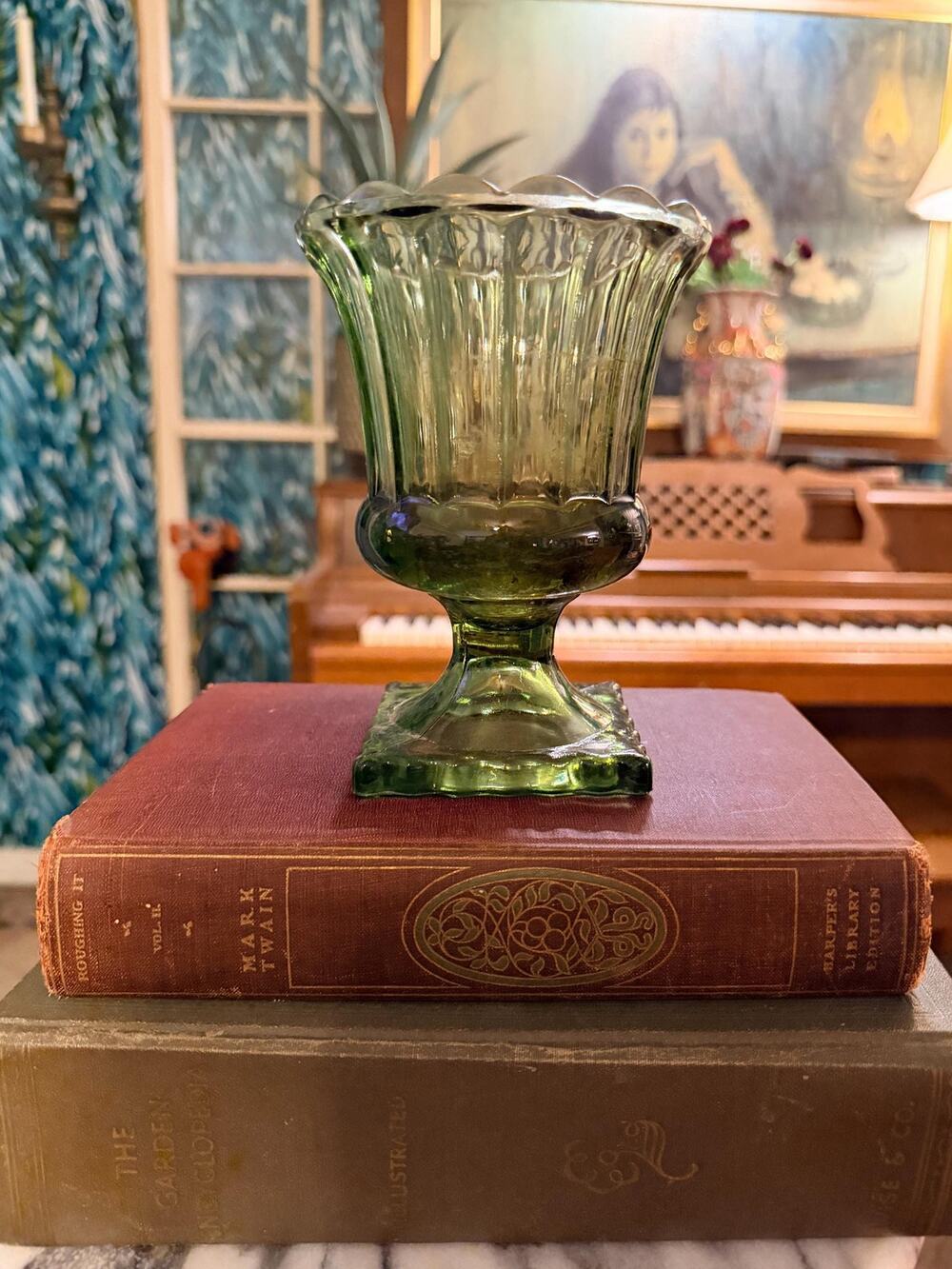 Vintage Green Pressed Glass Footed Vase, Fluted Pedestal Vase